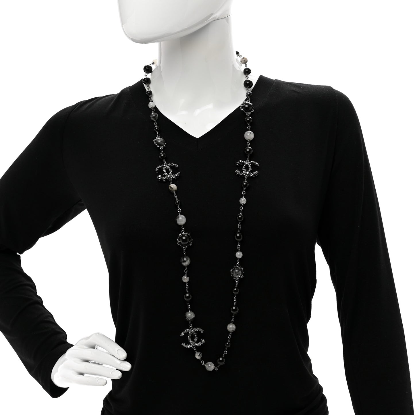 Ruthenium Pearl Beaded CC Long Necklace Black