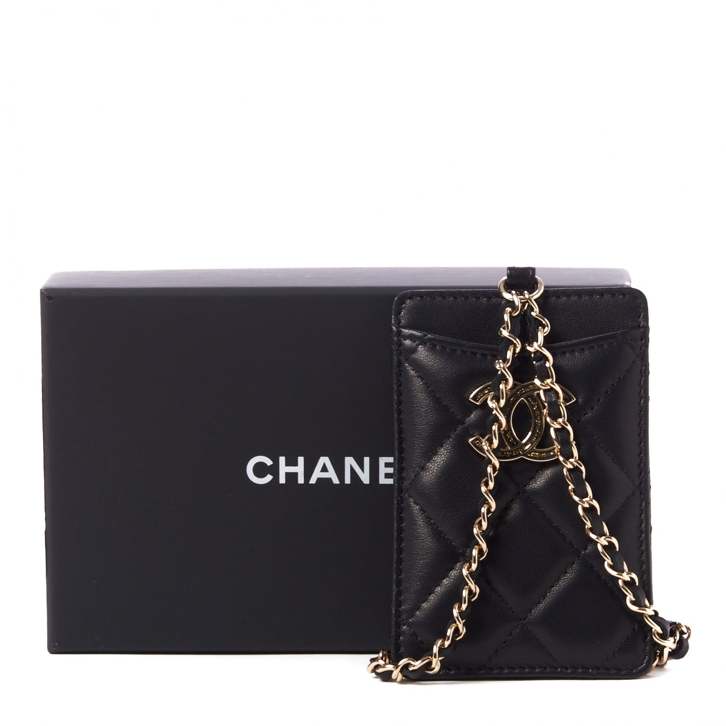 Lambskin Quilted Glitter Card Holder On Chain Black