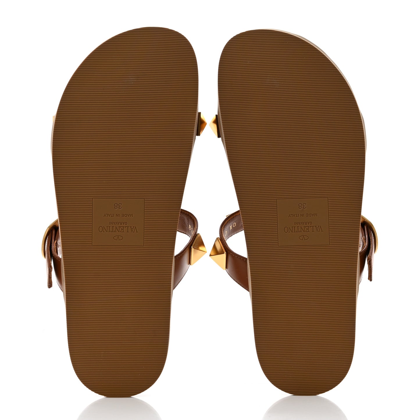 Calfskin Roman Stud Flat Slide Sandals 38 Saddle Brown