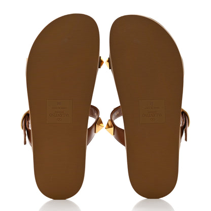 Valentino Garavani Calfskin Roman Stud Flat Slide Sandals 38 Saddle Brown 5 of 8