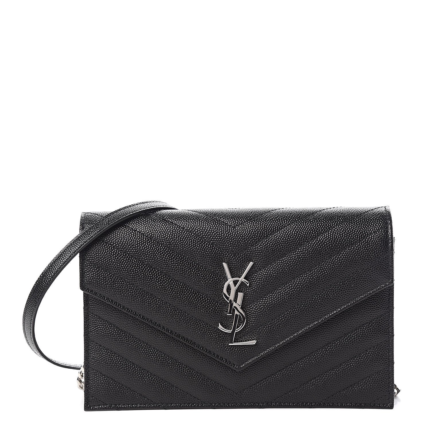Saint Laurent Grain De Poudre Matelasse Chevron Monogram Envelope Chain Wallet Black 1 of 11