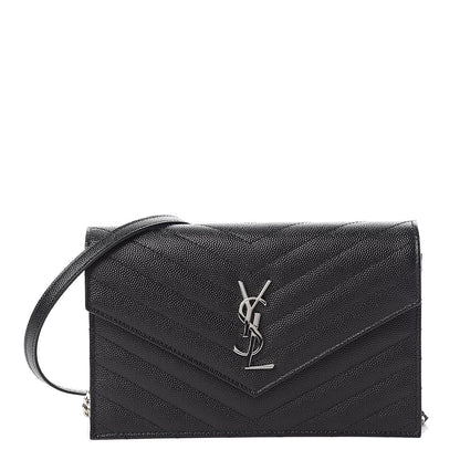 Saint Laurent Grain De Poudre Matelasse Chevron Monogram Envelope Chain Wallet Black 1 of 11