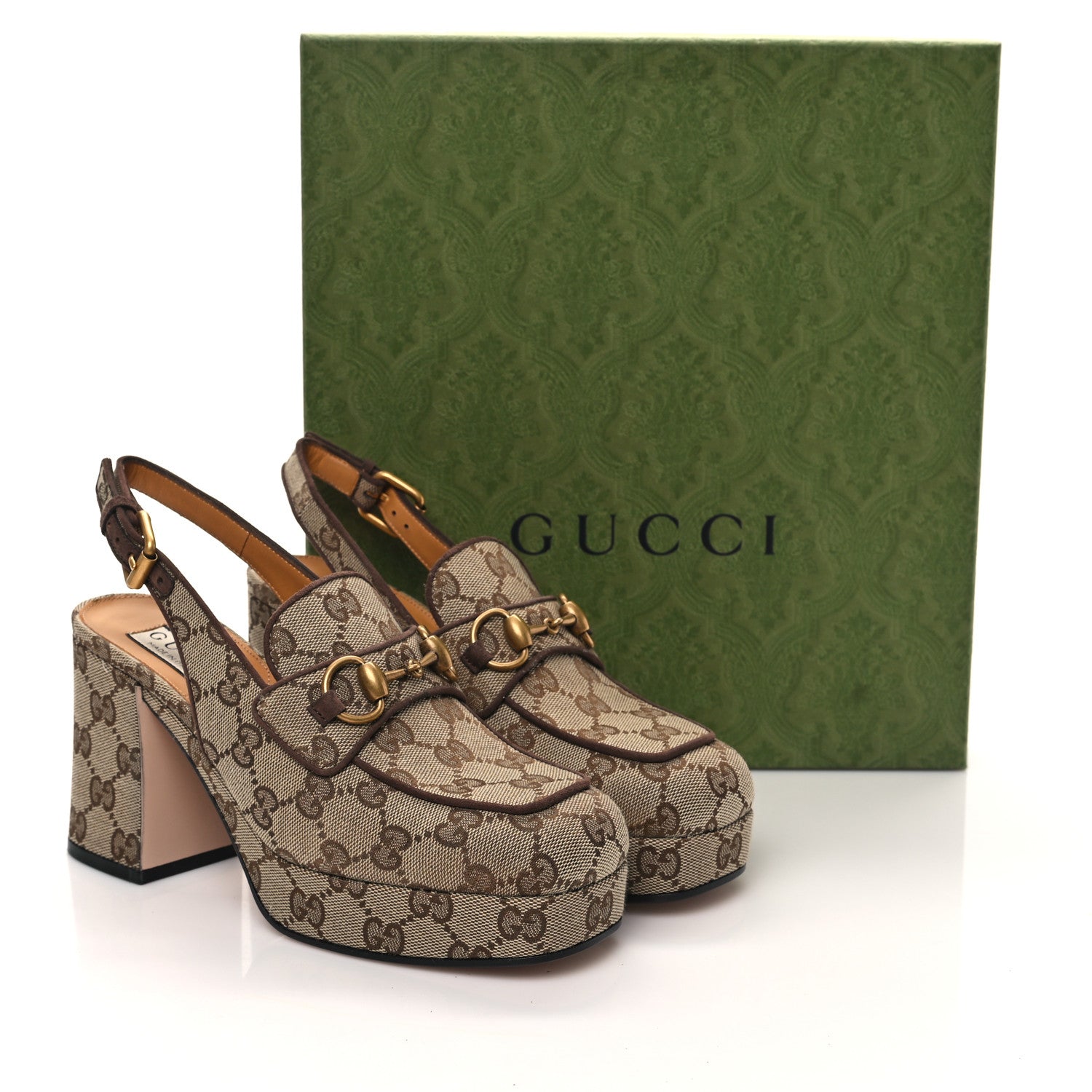Gucci Monogram Kid Scamosciato Horsebit Platform 25/85mm Slingback