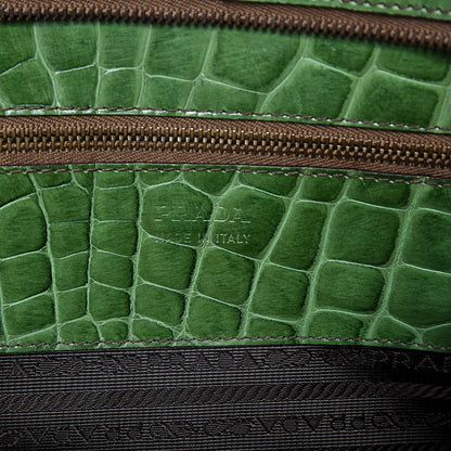 Prada Shiny Calfskin Crocodile Embossed Double Zip Bauletto Larice 6 of 15