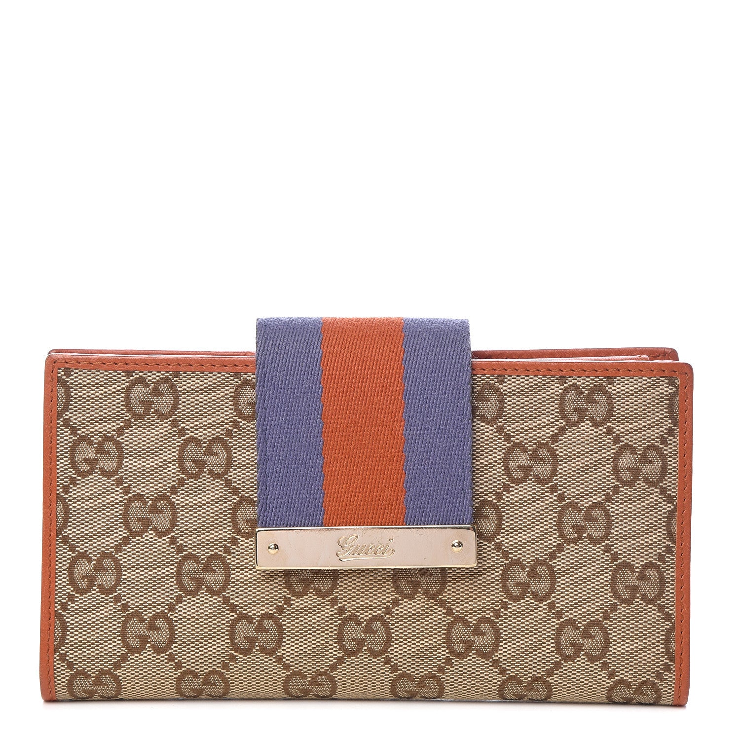 Gucci Monogram Calfskin Ladies Web Long Wallet Beige Ebony Orange 1 of 9