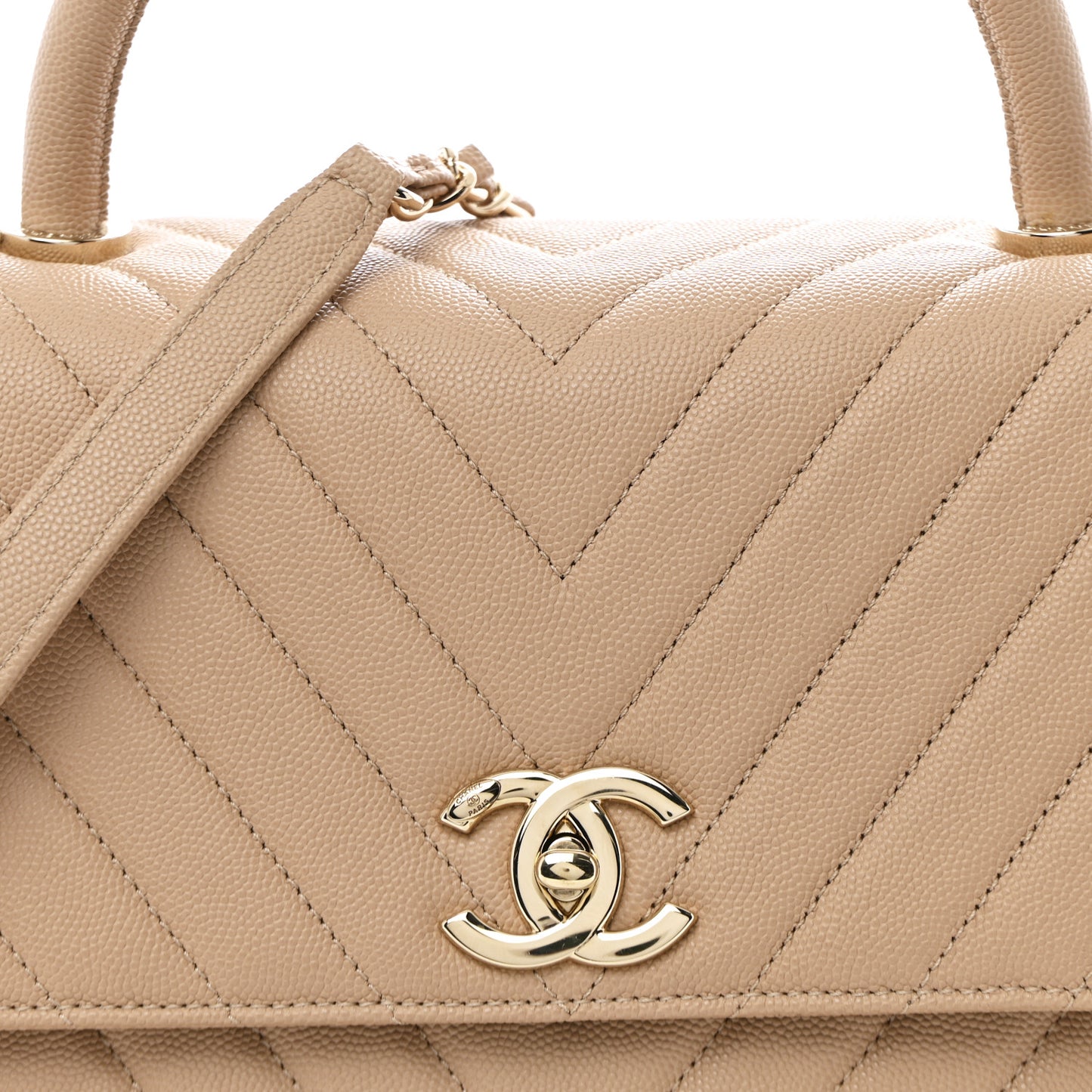 Caviar Chevron Quilted Medium Coco Handle Flap Beige