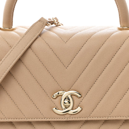 Chanel Caviar Chevron Quilted Medium Coco Handle Flap Beige 17 of 27