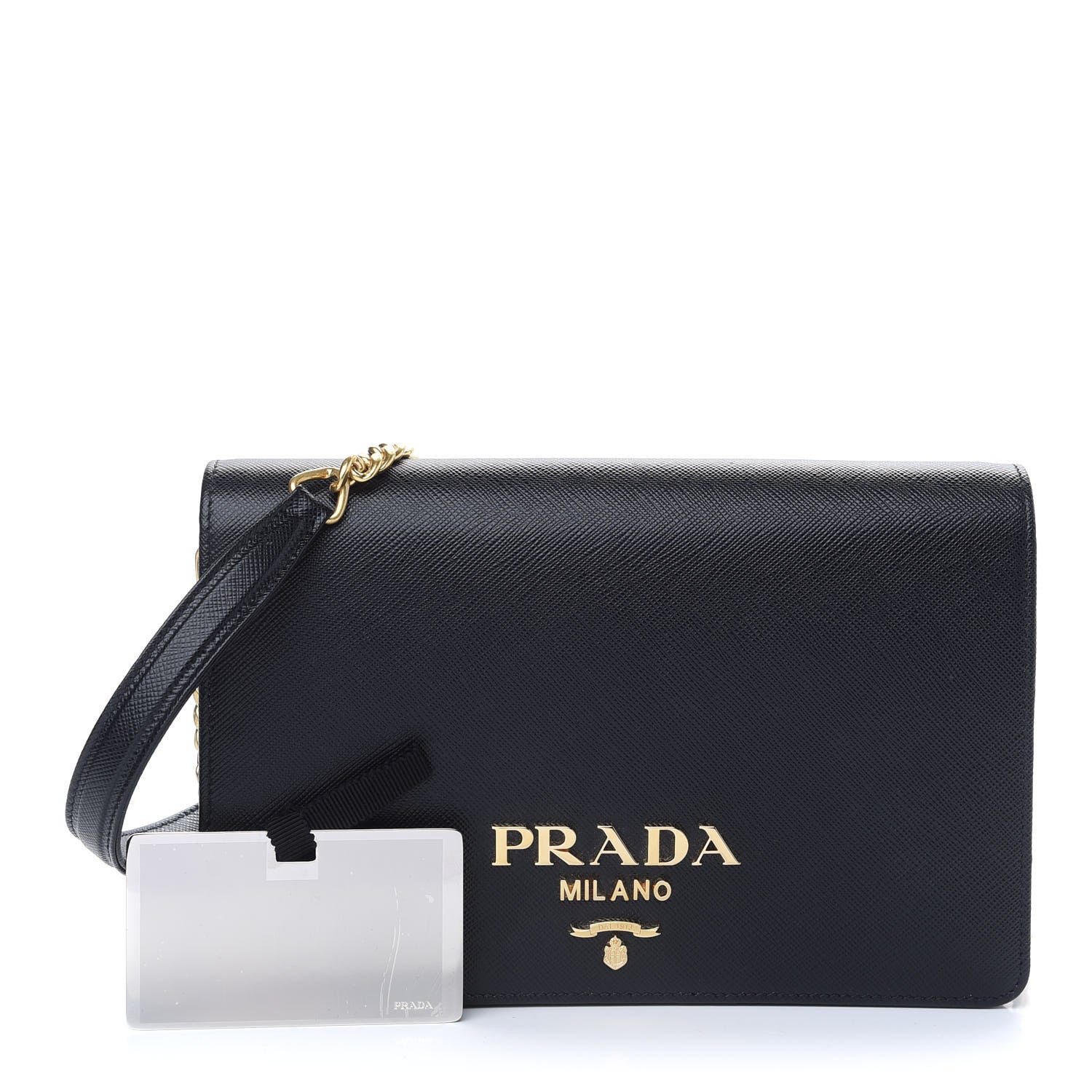 Prada Saffiano Lux Metal Logo Chain Flap Crossbody Bag Black 1 of 8