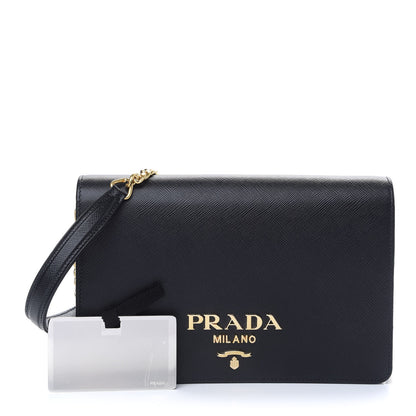 Prada Saffiano Lux Metal Logo Chain Flap Crossbody Bag Black 1 of 8