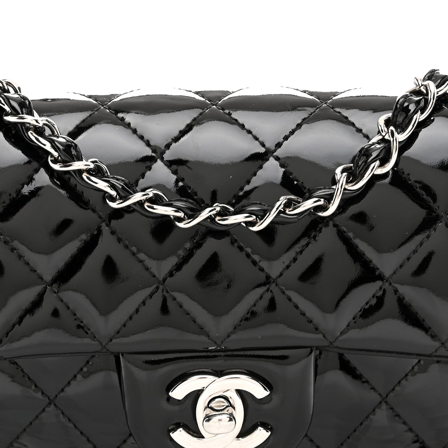 Patent Calfskin Quilted Mini Rectangular Flap Black