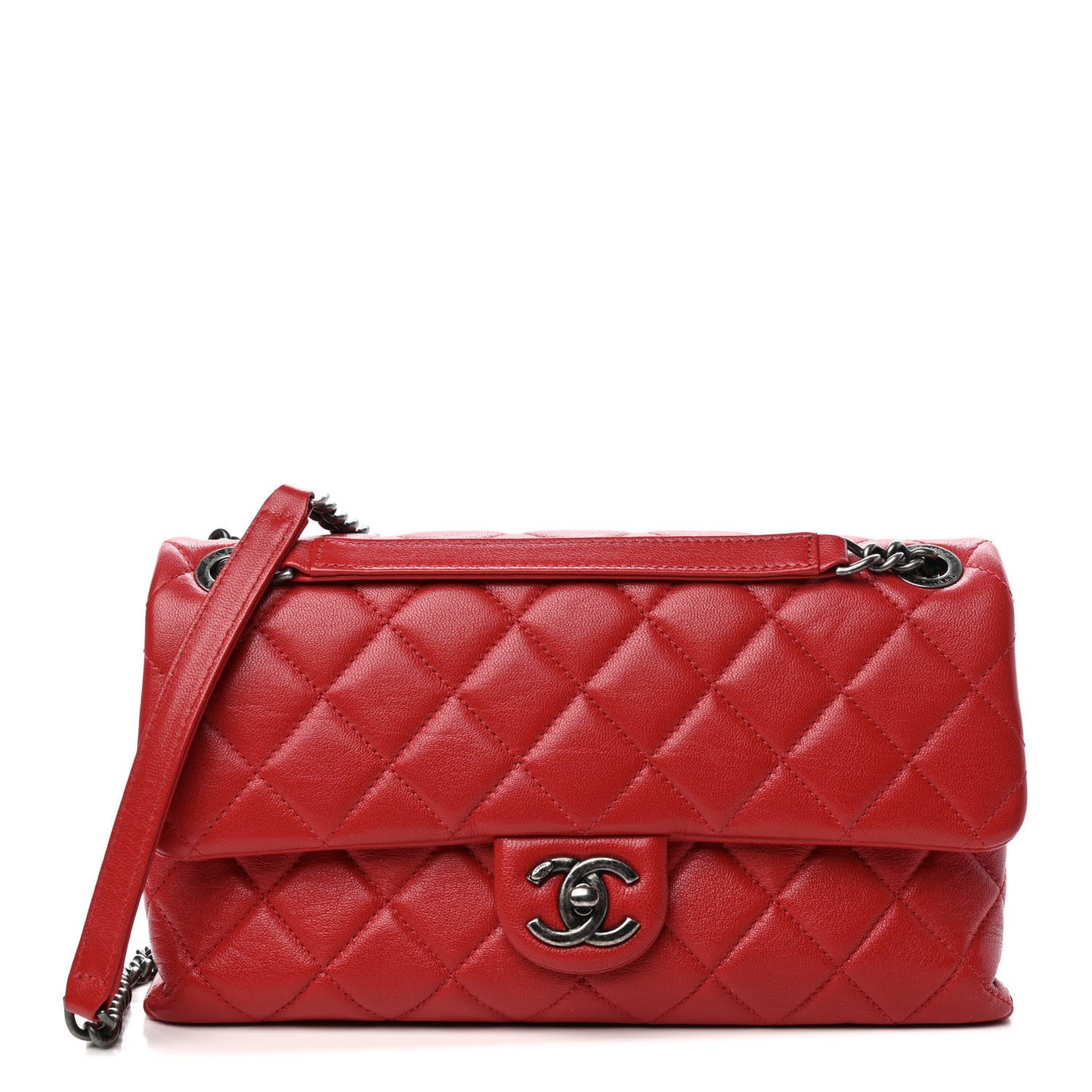 Shiny Lambskin Quilted Medium Burgundy Rocks Flap Red