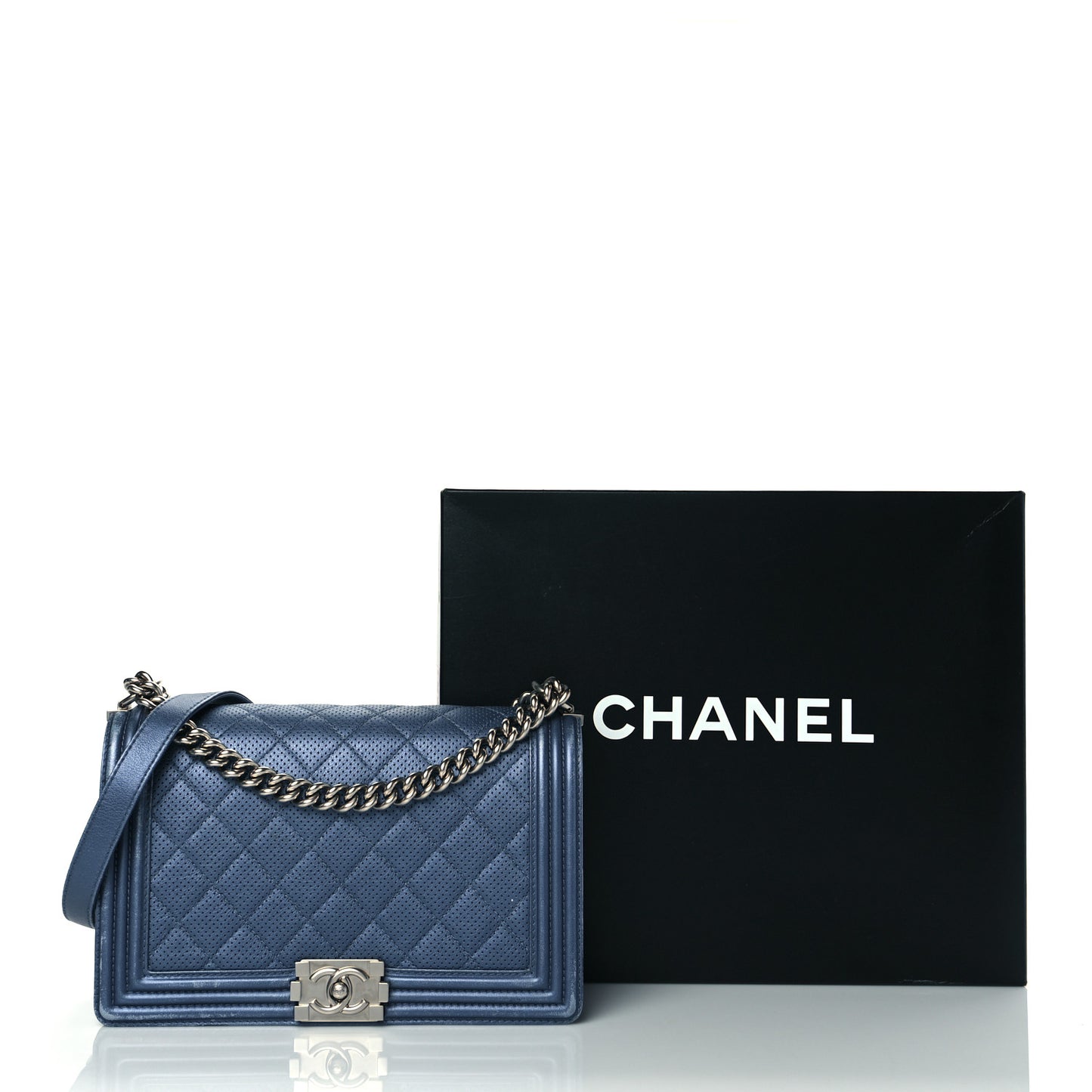 Perforated Lambskin Quilted New Medium Boy Flap Blue