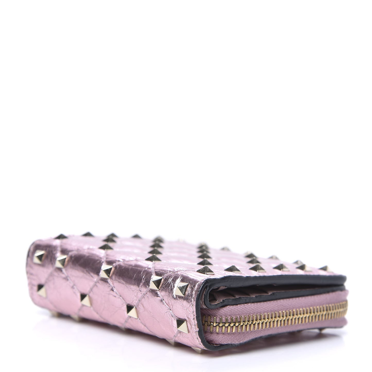 Metallic Wrinkled Lambskin Rockstud Spike Compact Zip Around Wallet Lipstick