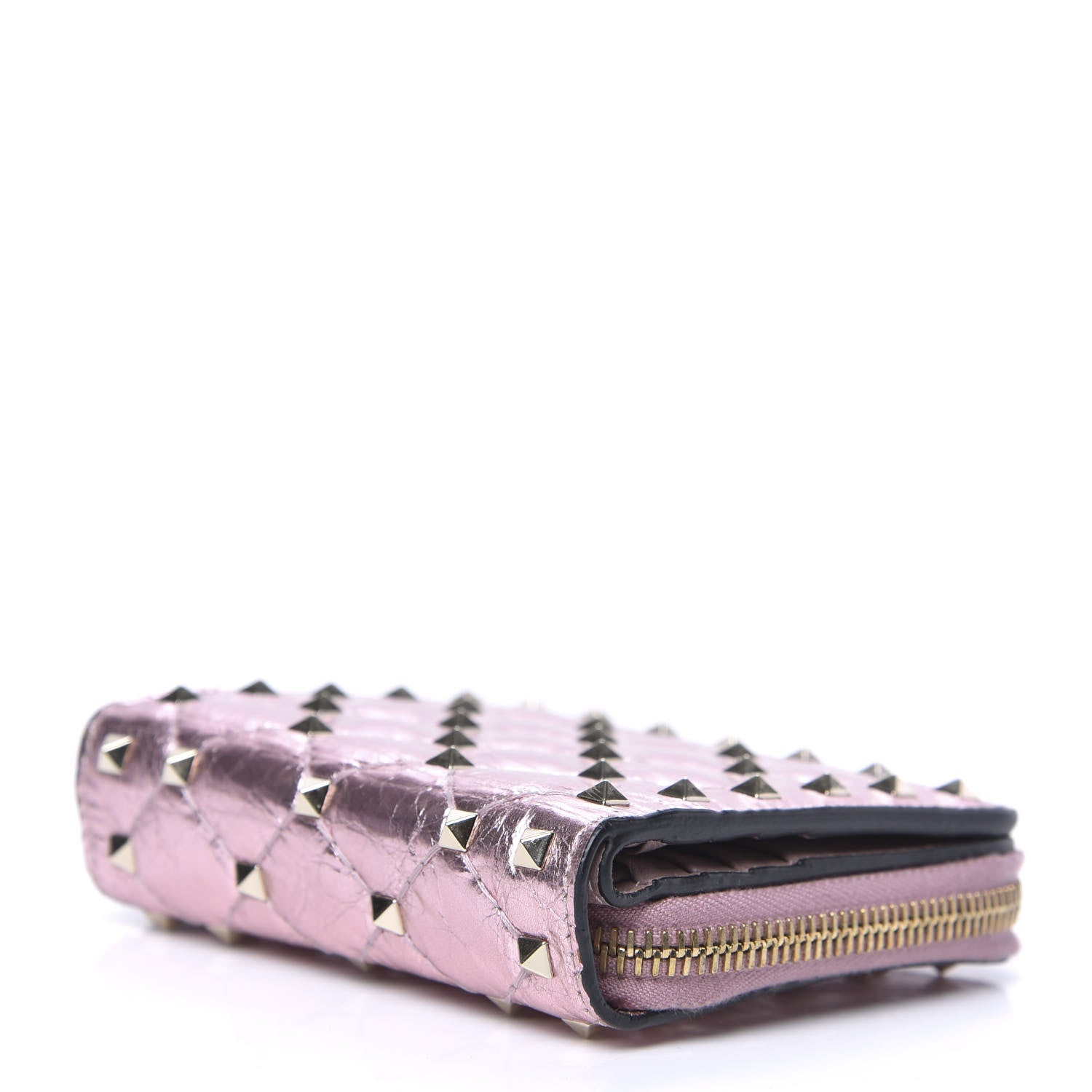 Valentino Garavani Metallic Wrinkled Lambskin Rockstud Spike Compact Zip Around Wallet Lipstick 4 of 7