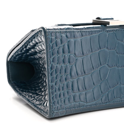Balenciaga Shiny Calfskin Crocodile Embossed Small Hourglass Top Handle Bag Dark Petrol Blue 8 of 9