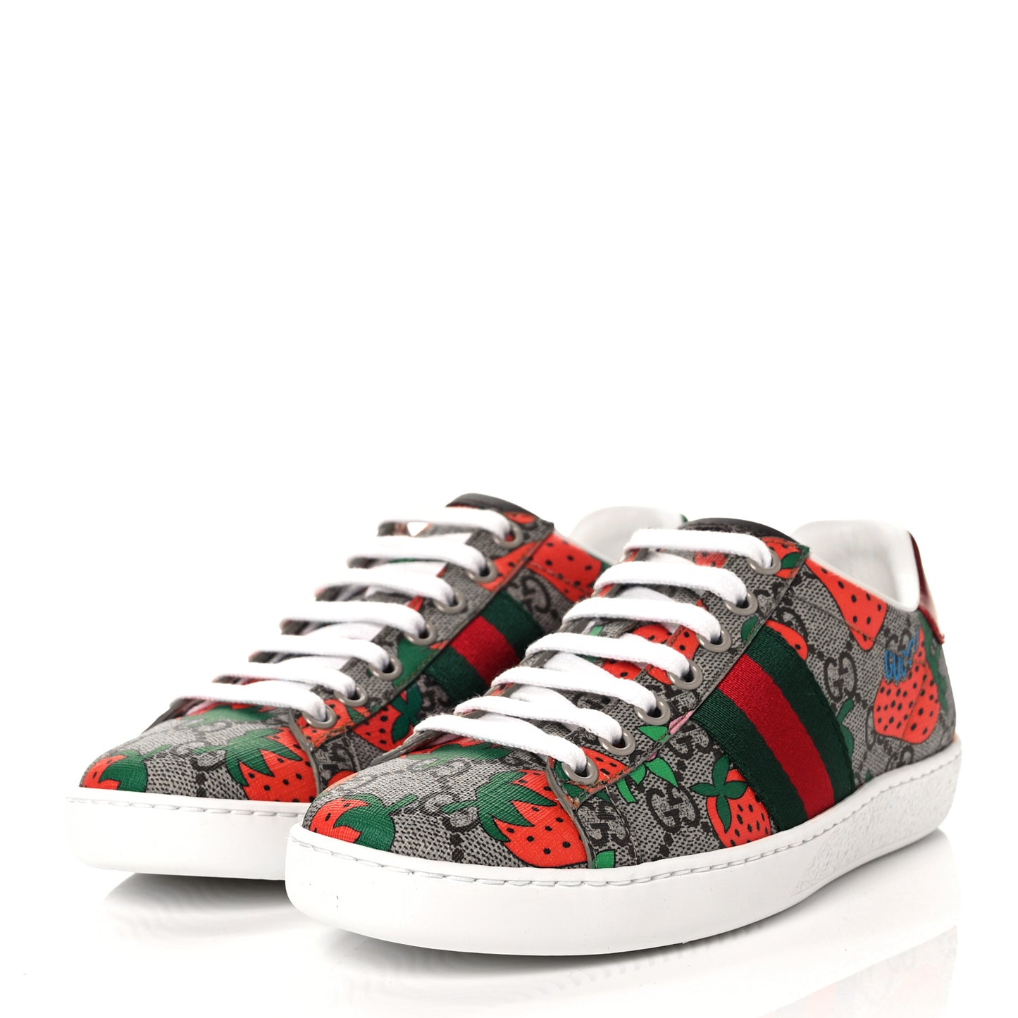 GG Supreme Monogram Strawberry Web Womens Ace Sneakers 35 Beige Multicolor Red Green