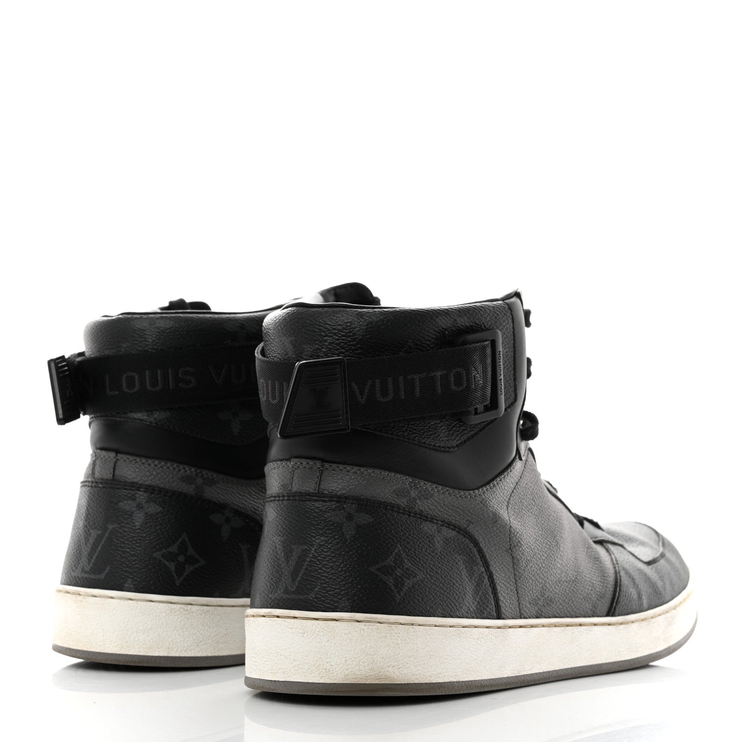 Louis Vuitton Calfskin Monogram Eclipse Mens Rivoli High Top Sneakers 12 Black Grey 4 of 8