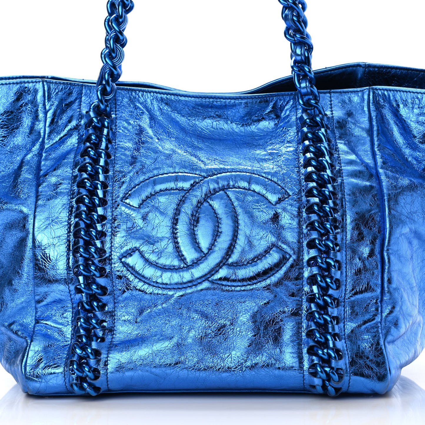 Metallic Cracked Calfskin Modern Chain Tote Blue
