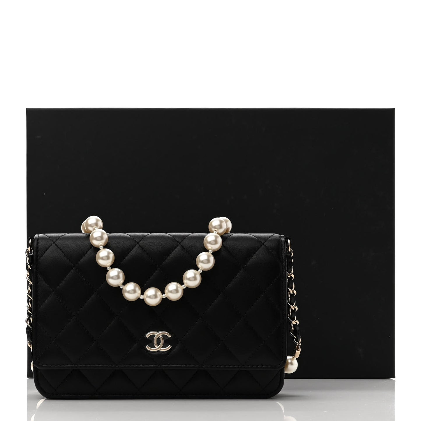 Lambskin Quilted Pearl Wallet On Chain WOC Black