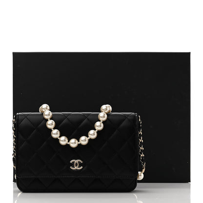 Chanel Lambskin Quilted Pearl Wallet On Chain WOC Black 12 of 12