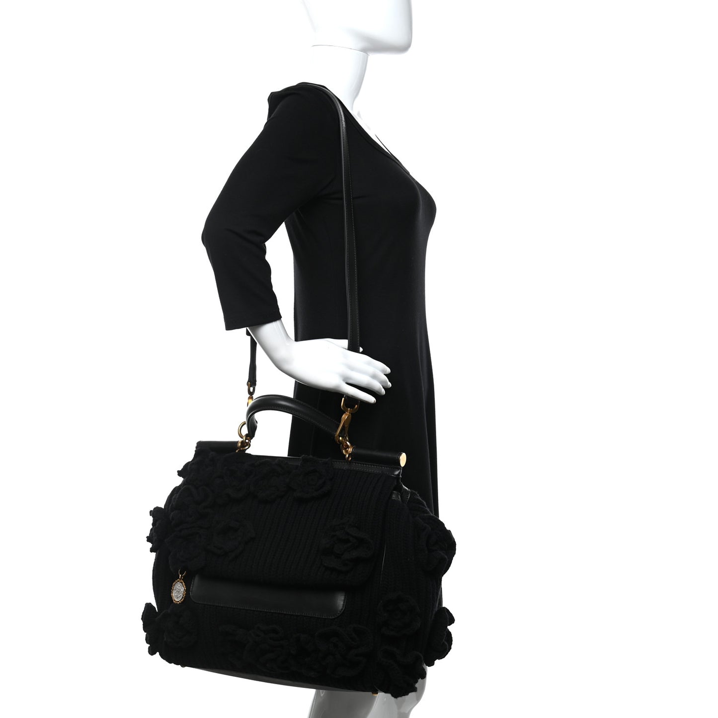 Calfskin Floral Knit Miss Sicily Satchel Black