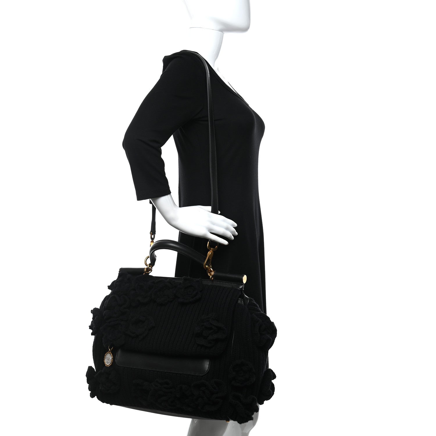 Dolce & Gabbana Calfskin Floral Knit Miss Sicily Satchel Black 3 of 13