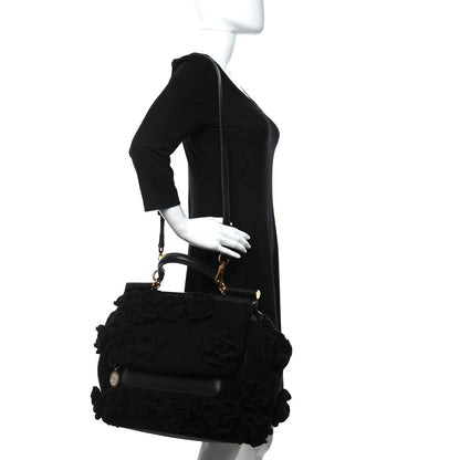 Dolce & Gabbana Calfskin Floral Knit Miss Sicily Satchel Black 3 of 13