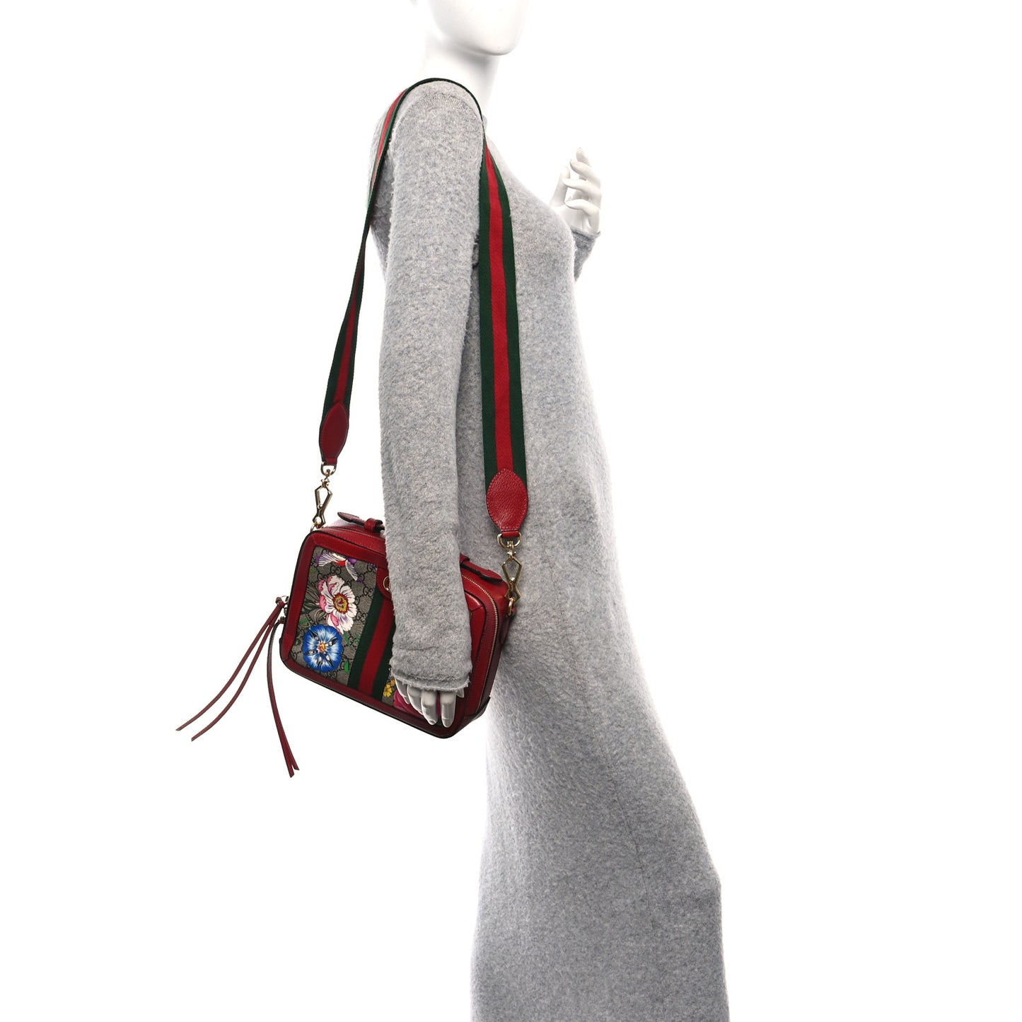 GG Supreme Monogram Flora Web Small Ophidia Top Handle Shoulder Bag Hibiscus Red