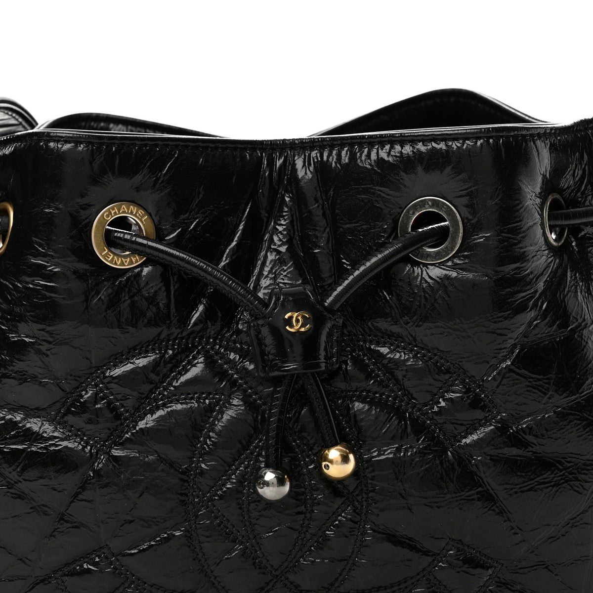 Chanel Shiny Aged Calfskin CC Chain Drawstring Bag Black 8 of 13