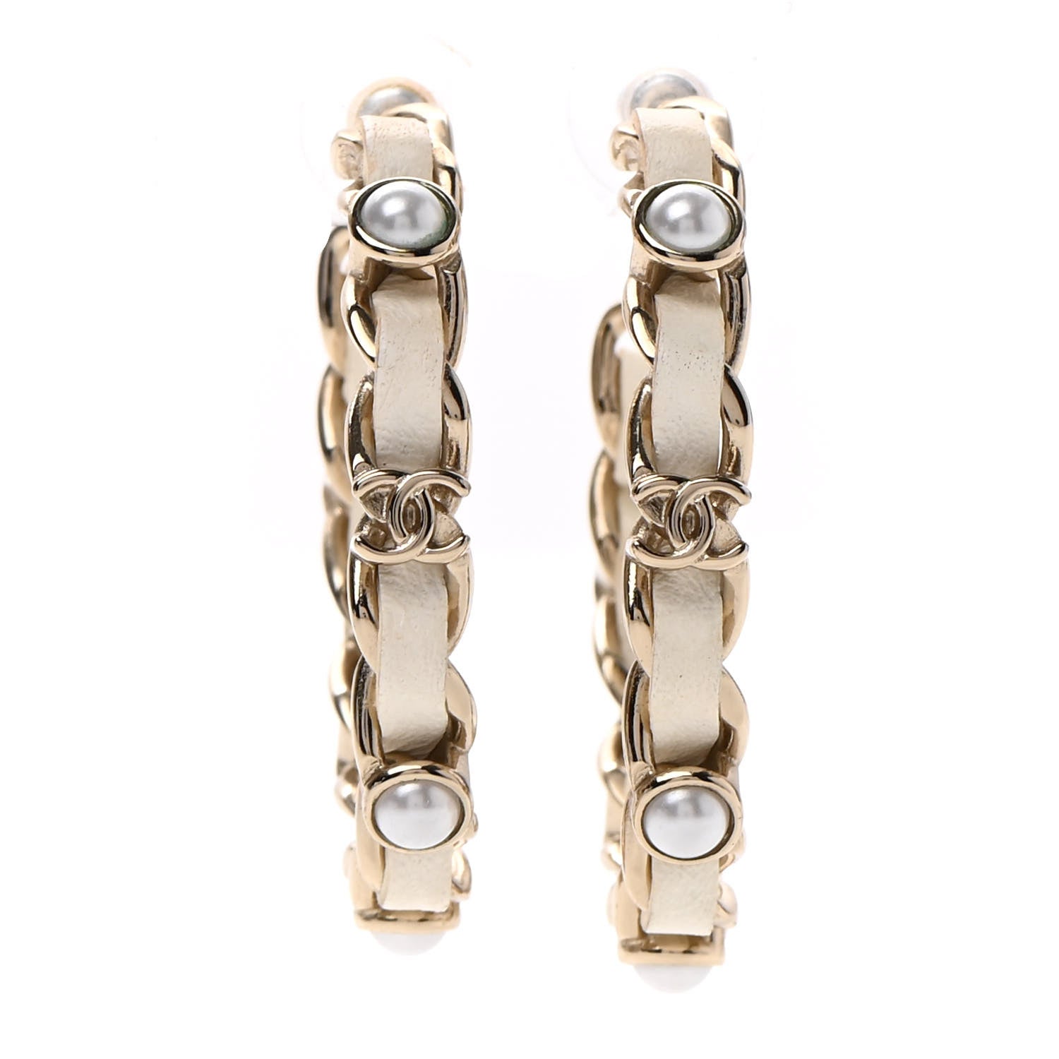 Chanel Lambskin Pearl More Is More CC Chain Hoop Earrings Matte Gold White 1 of 4