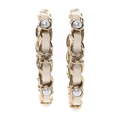 Chanel Lambskin Pearl More Is More CC Chain Hoop Earrings Matte Gold White 1 of 4