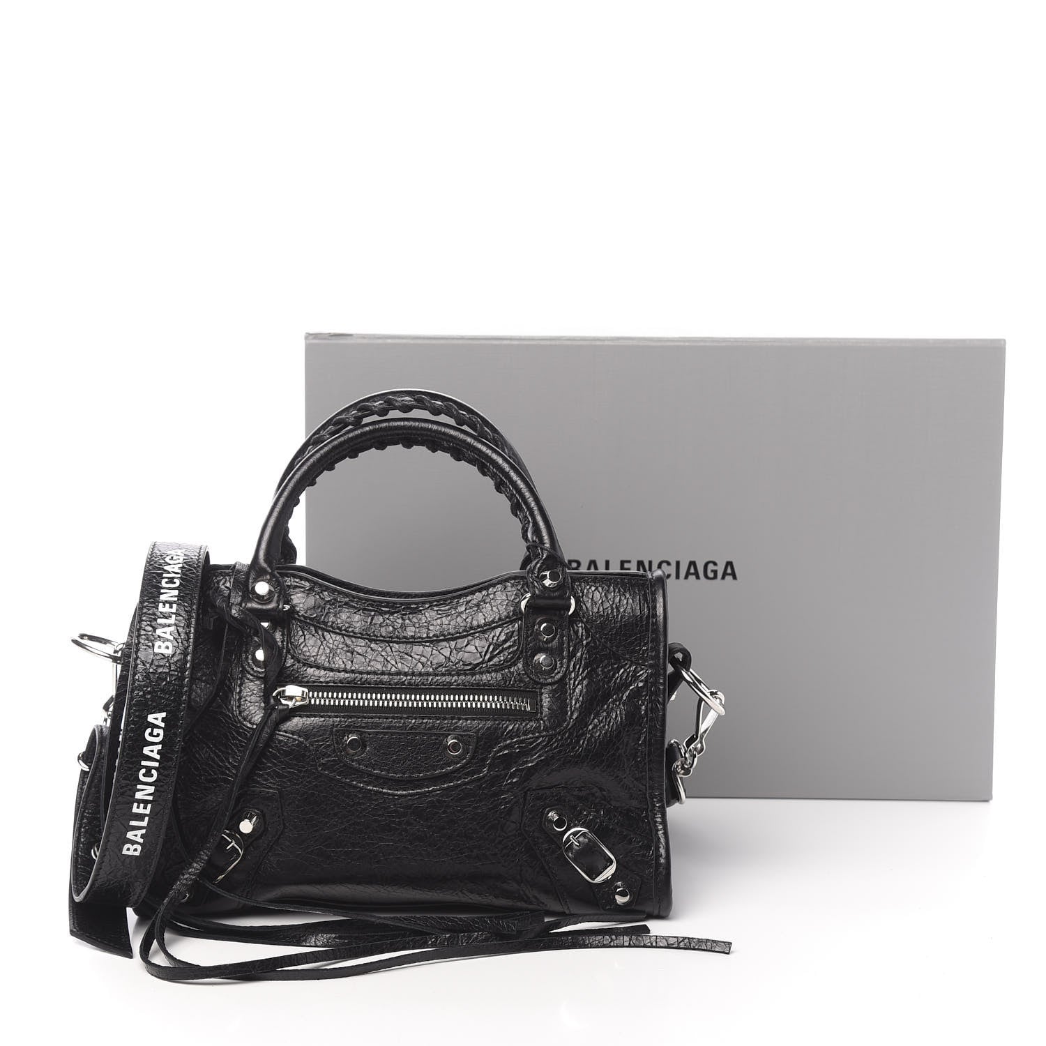 Balenciaga Agneau Classic Silver Hardware Mini City Logo Strap Black White 11 of 11