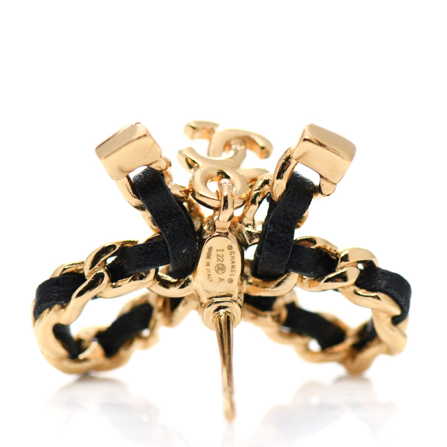 Lambskin Chain Bow Stud Earrings Black Gold