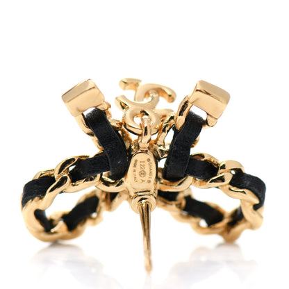 Chanel Lambskin Chain Bow Stud Earrings Black Gold 4 of 5
