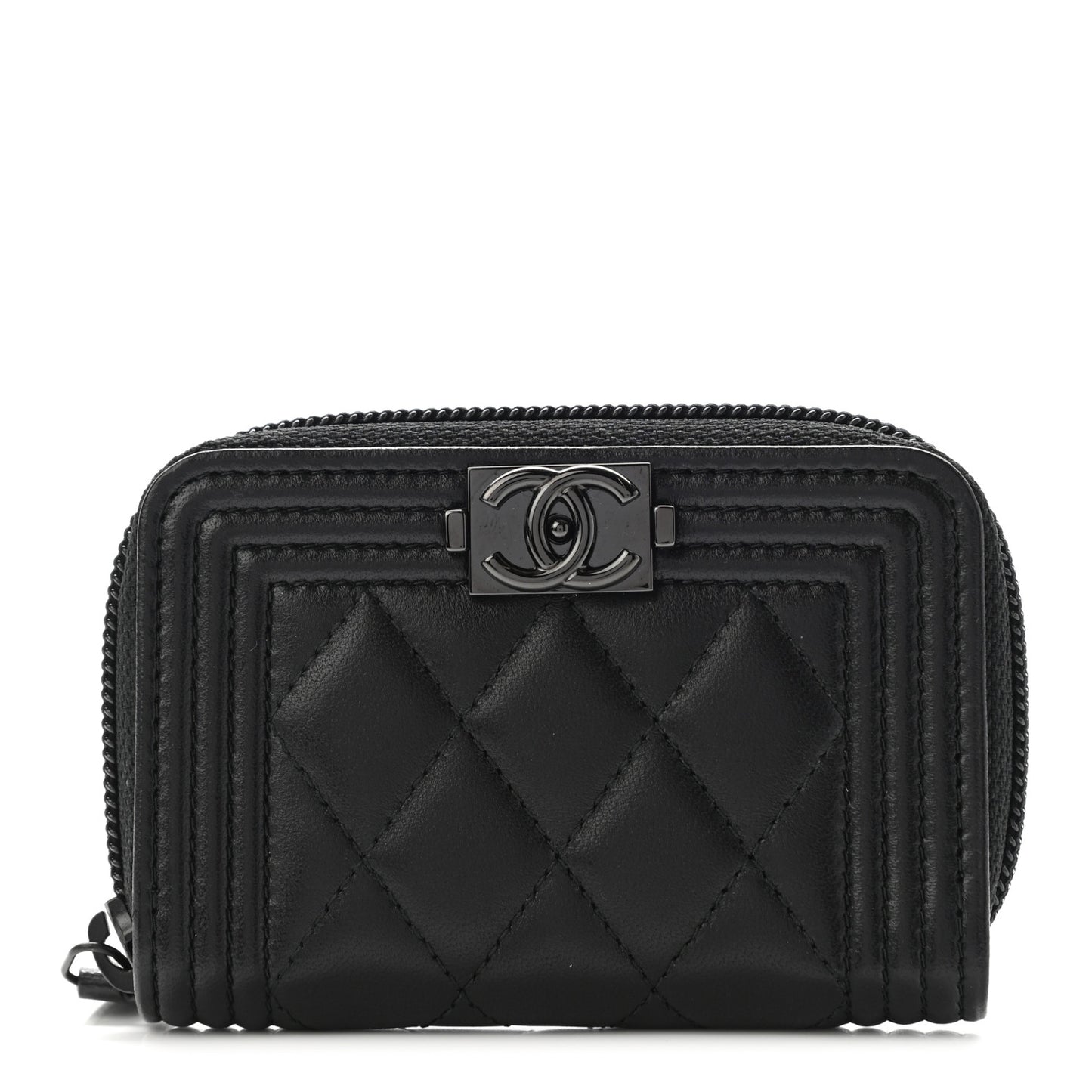 Lambskin Quilted Zip Around Boy Coin Purse Wallet So Black