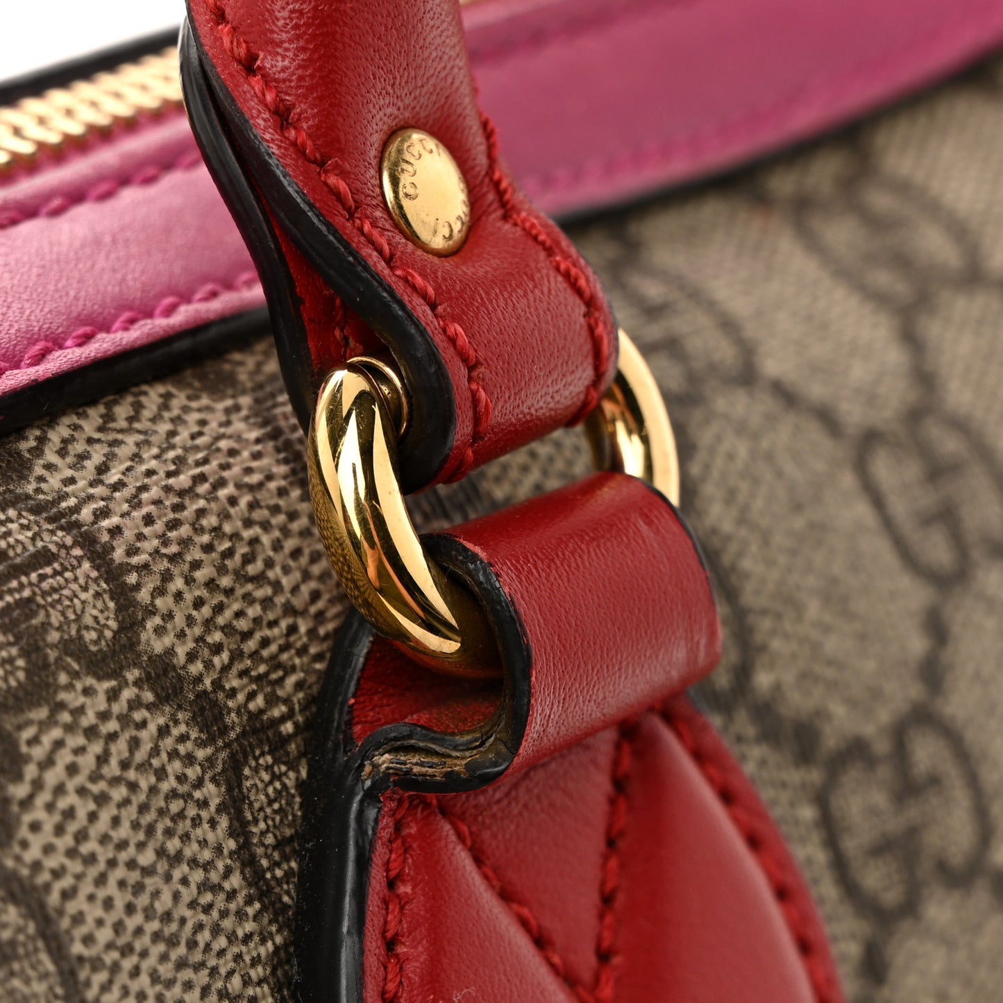 GG Supreme Monogram Moon Calfskin Small Boston Beige Ebony Hibiscus Red New Rosette