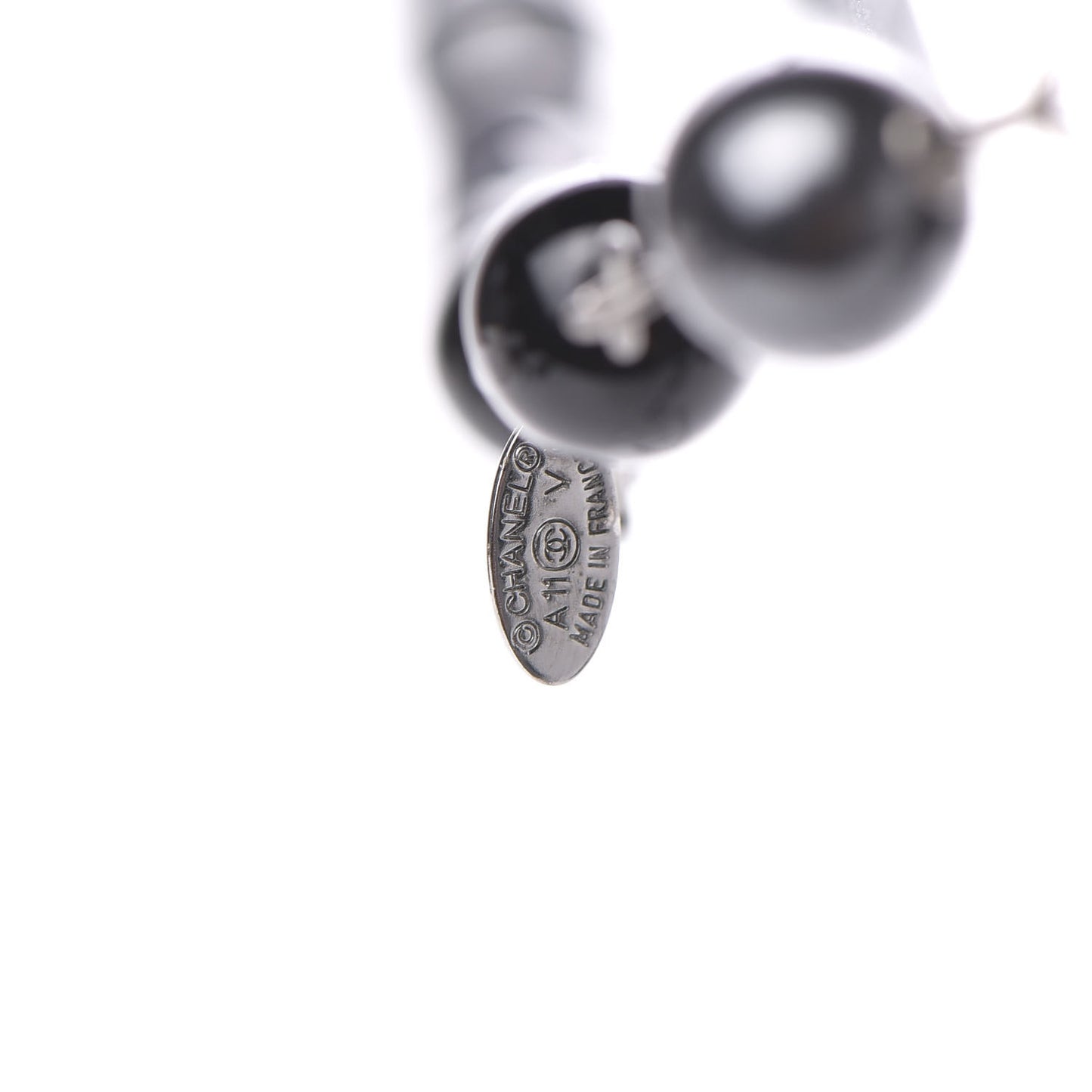 Pearl Bead Enamel CC Long Necklace Silver Black Grey