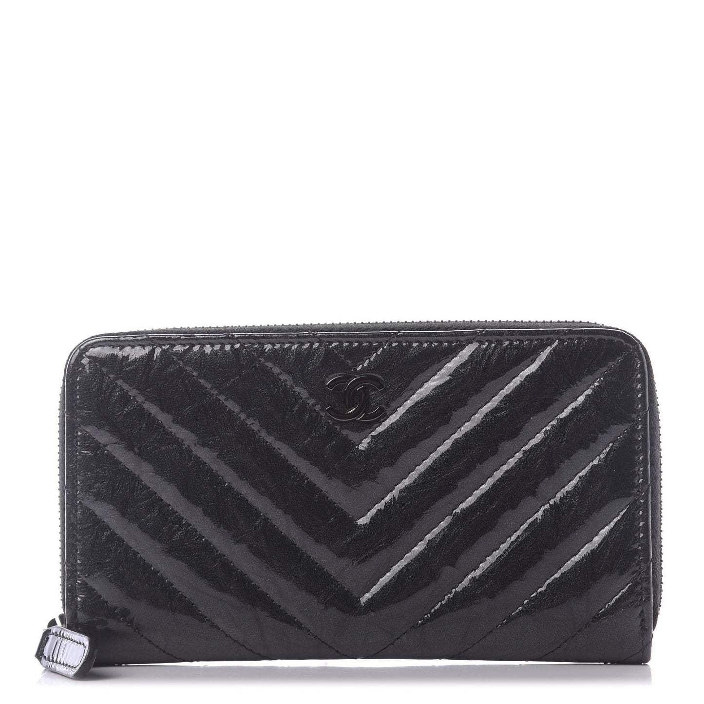 Metallic Crumpled Patent Calfskin Chevron Quilted Medium Zip Around Wallet Black
