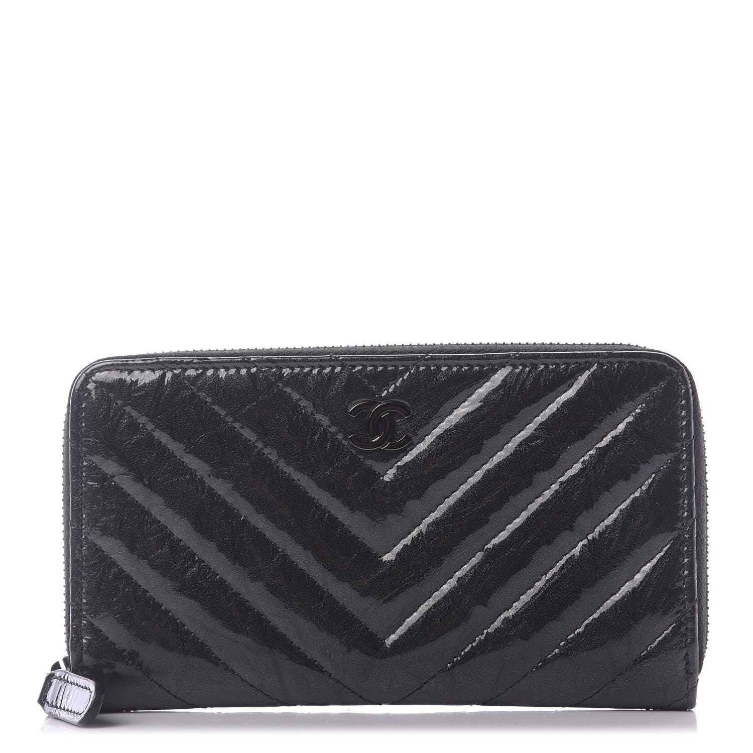Chanel Metallic Crumpled Patent Calfskin Chevron Quilted Medium Zip Around Wallet Black 1 of 10