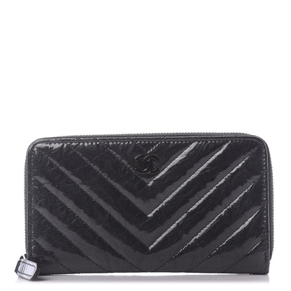 Chanel Metallic Crumpled Patent Calfskin Chevron Quilted Medium Zip Around Wallet Black 1 of 10