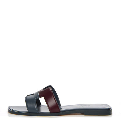 Hermes Box Calfskin Oran Sandals 37 Bleu Ardoise Bordeaux 1 of 8