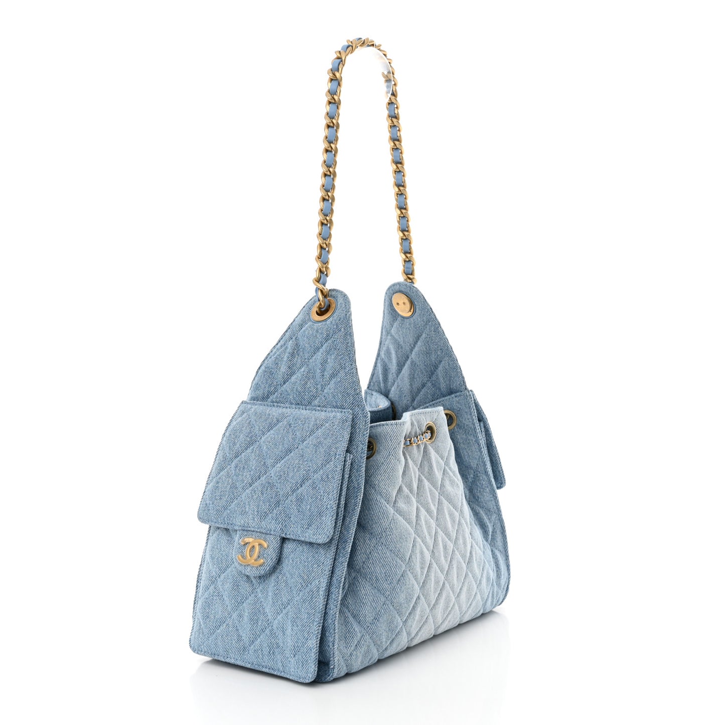 Washed Denim Quilted Small Chanel 25 Handbag Blue