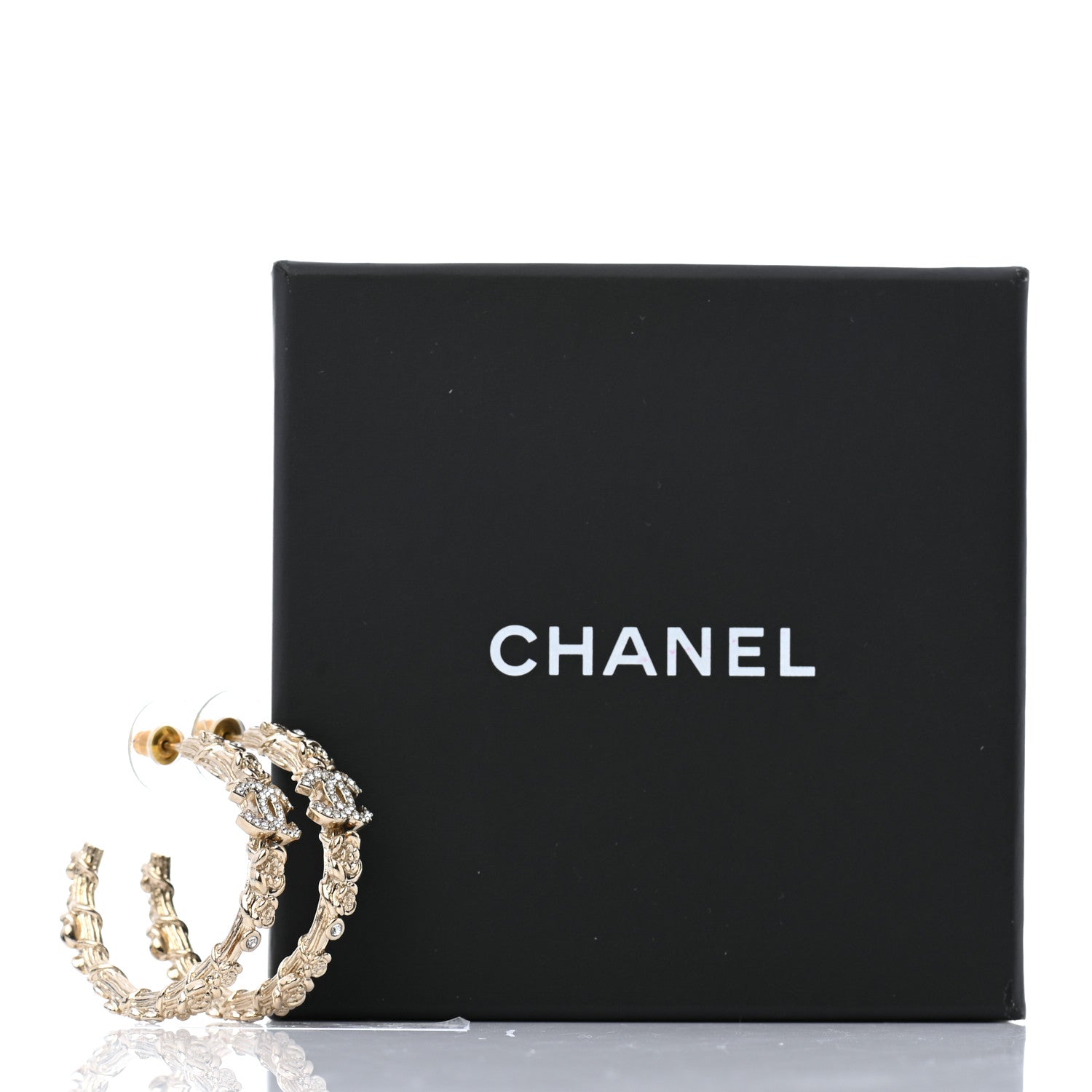 Chanel Crystal Camellia CC Hoop Earrings Gold 6 of 6