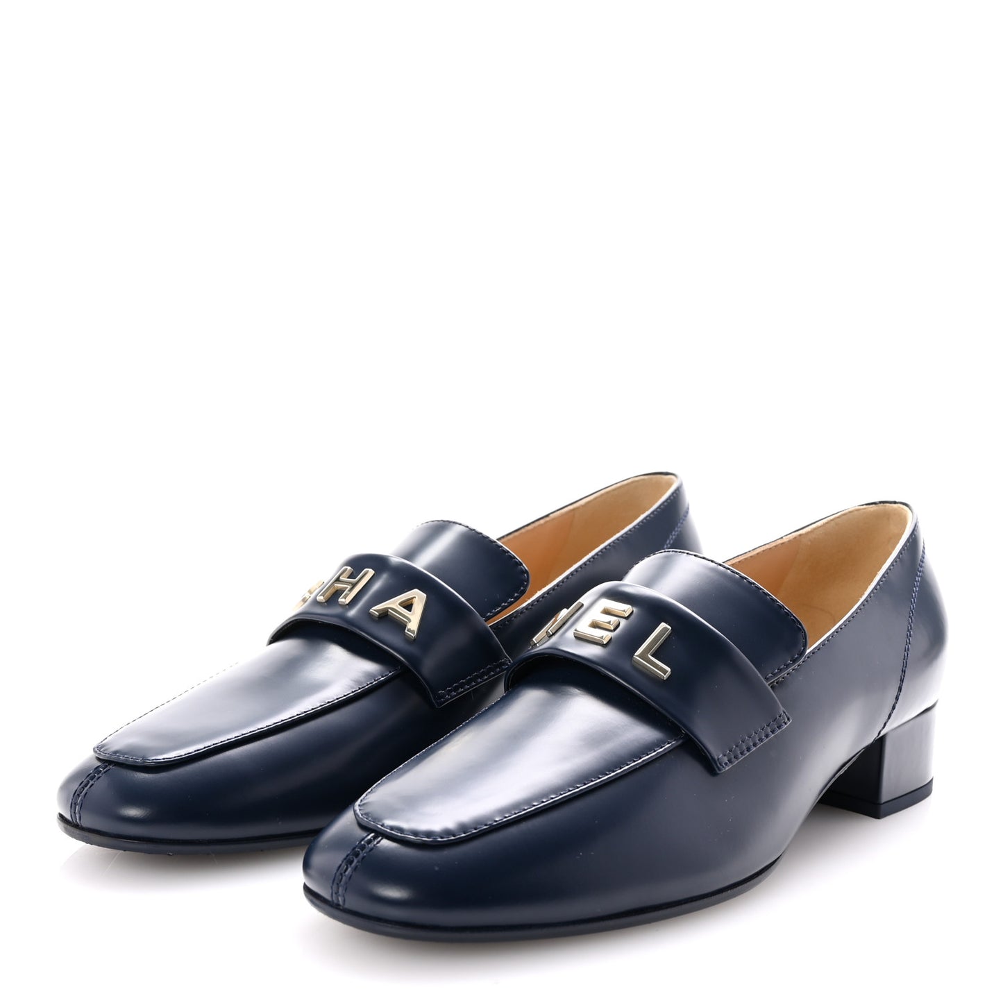 Shiny Calfskin Logo Loafers 39 Navy