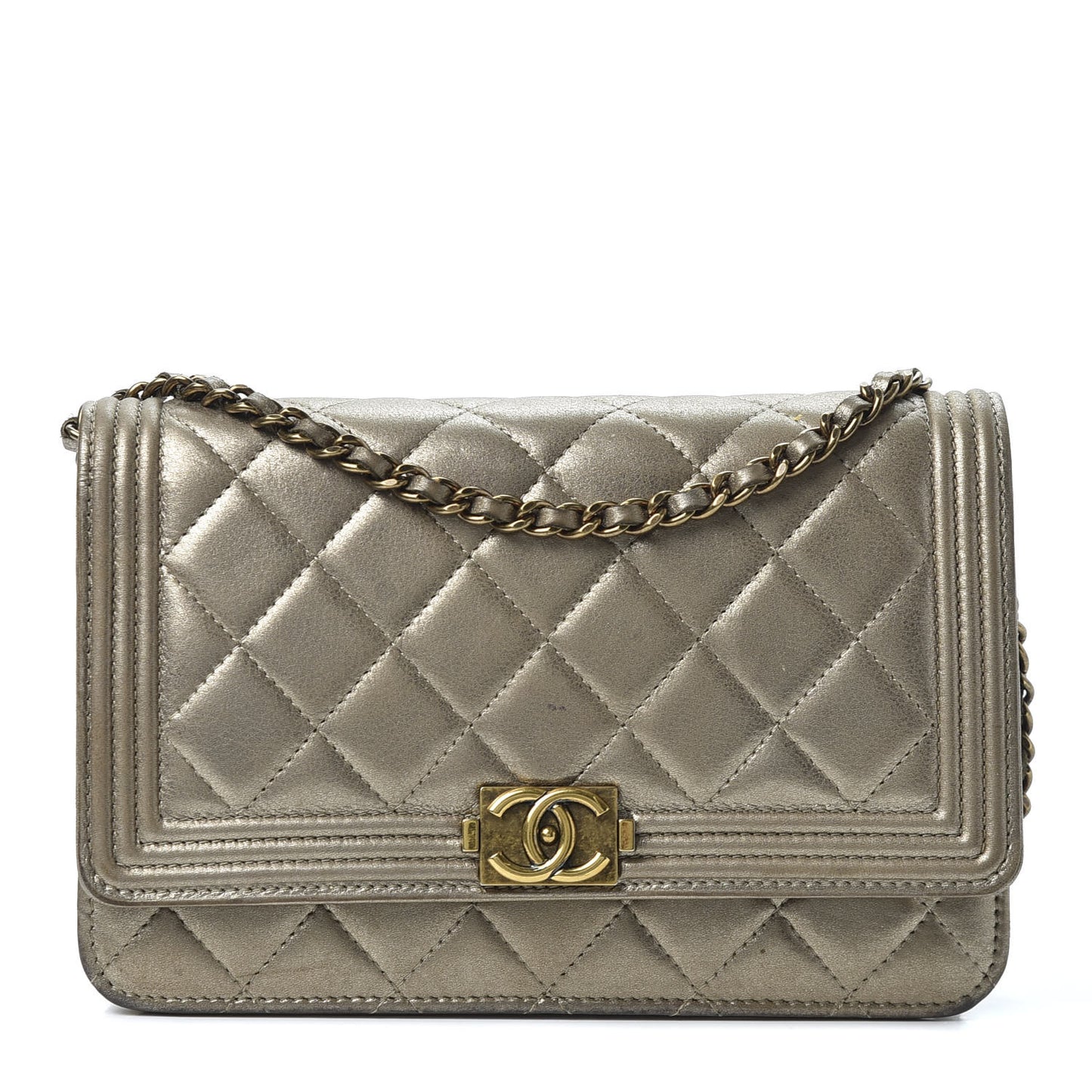 Metallic Lambskin Quilted Boy Wallet On Chain WOC Gold