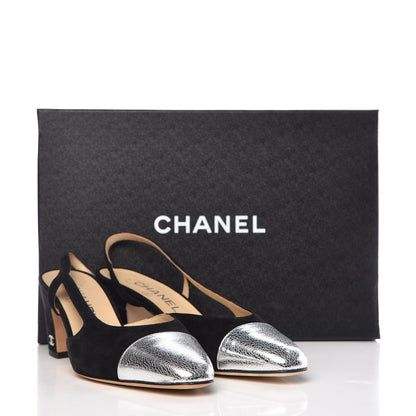Chanel Kid Suede Metallic Lambskin Cap Toe CC Slingback Pumps 37 Black Silver 9 of 9