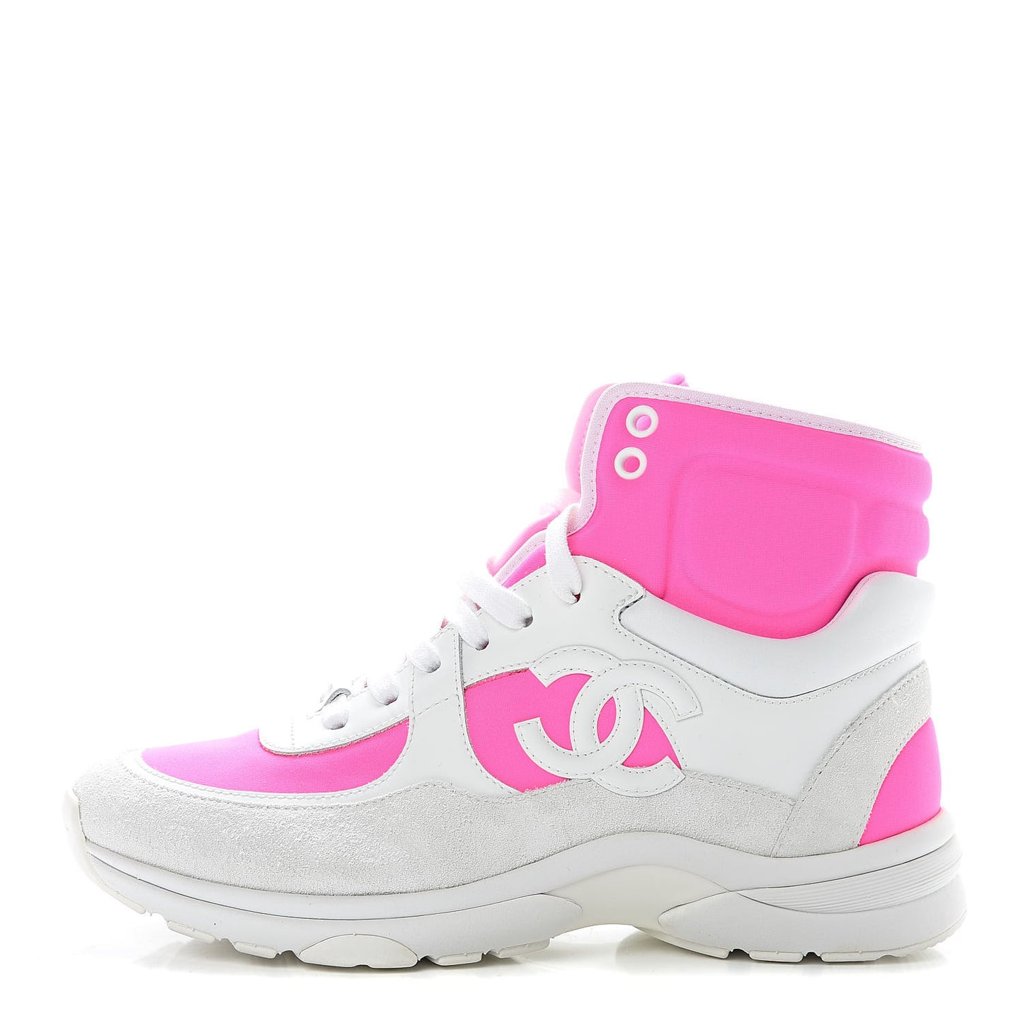 Suede Calfskin Lambskin Neoprene High Top CC Sneakers 37 White Fluo Pink