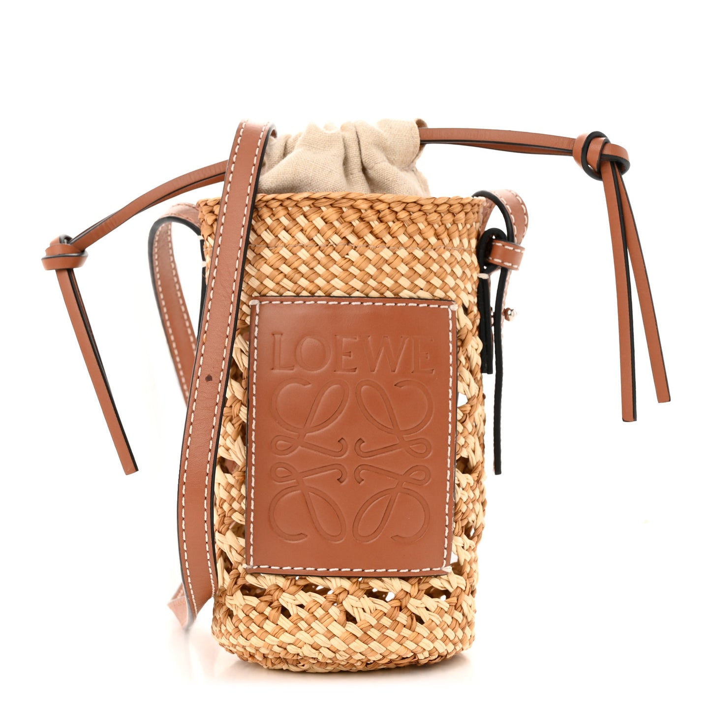 Calfskin Raffia Paula's Ibiza Pocket Bucket Bag Natural Tan