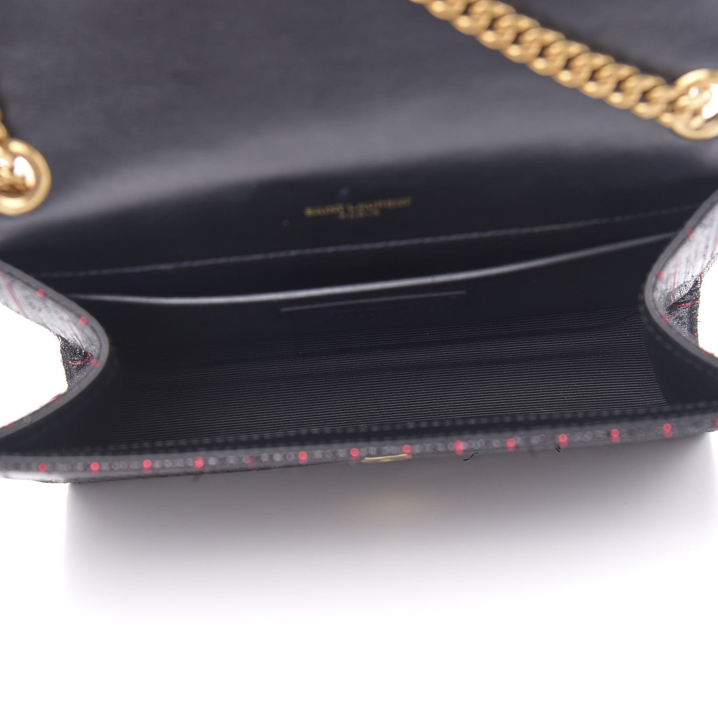 Metallic Calfskin Striped Small Monogram Kate Satchel Black Red