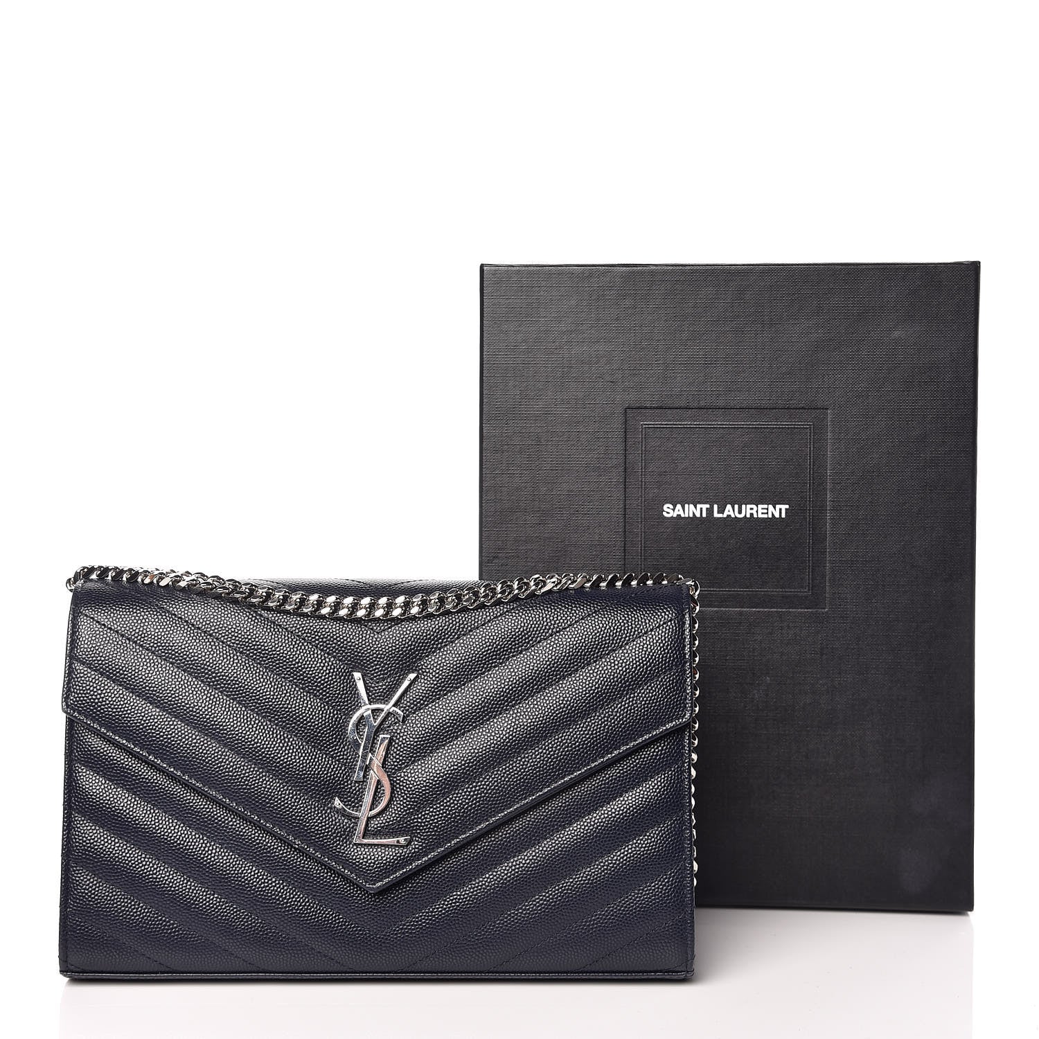 Saint Laurent Grain De Poudre Matelasse Chevron Monogram Chain Wallet Deep Marine 12 of 12